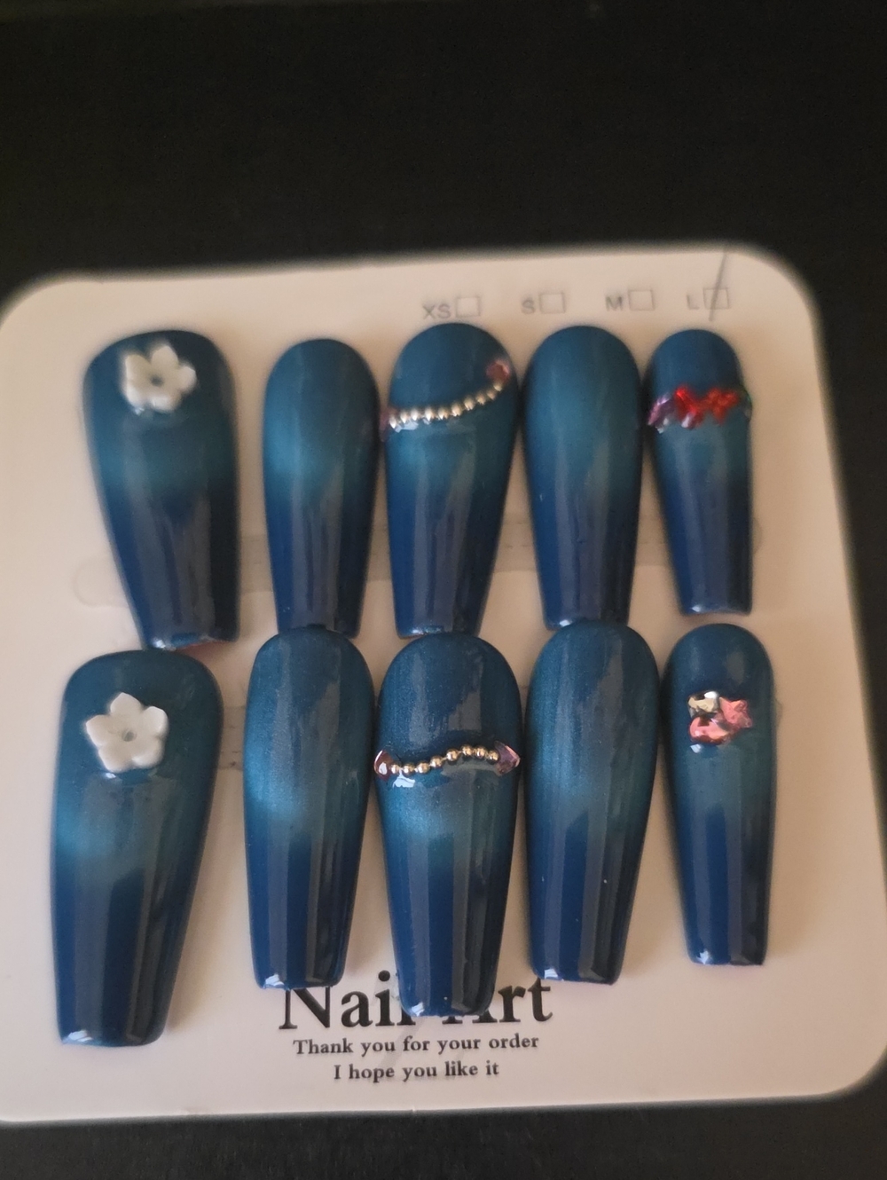 Shimmering Blue Ombre Press-On Nails with Floral & Gem Accents Large 1 Set